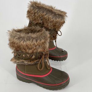 Khombu Nola Snow Winter Leather Faux Fur Brown Pink Lace Up Boots WOMENS SIZE 8M